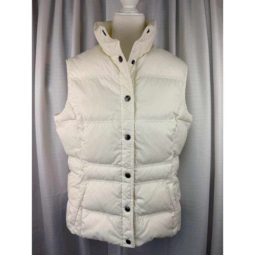 Lands End Womens Puffer Vest Cream White Down Insulated Snap Front Size M 10-12